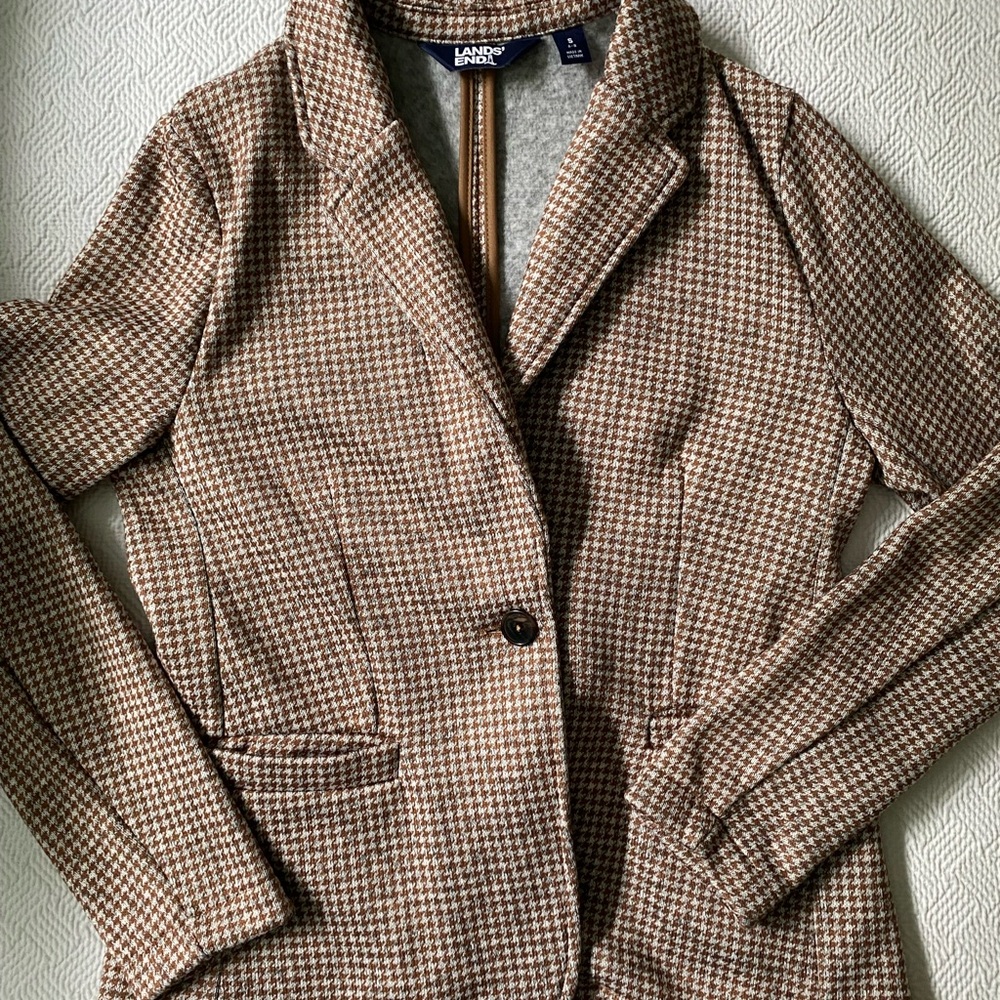 Lands' End Women's Tan Houndstooth Blazer